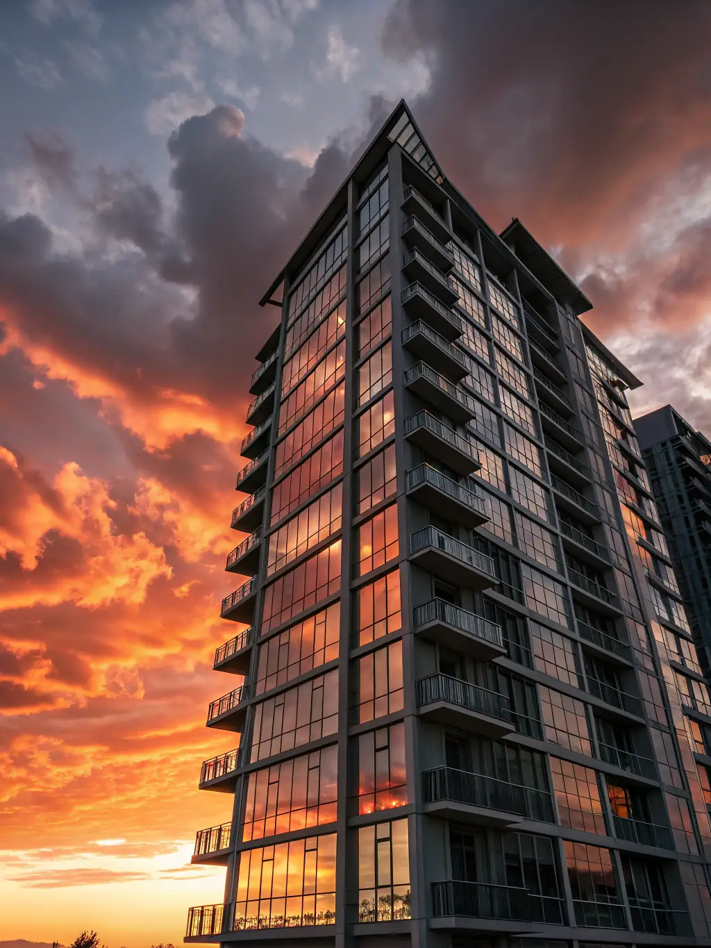 A modern luxury apartment building with floor-to-ceiling windows overlooking a vibrant cityscape at sunset, showcasing prime real estate investment potential.