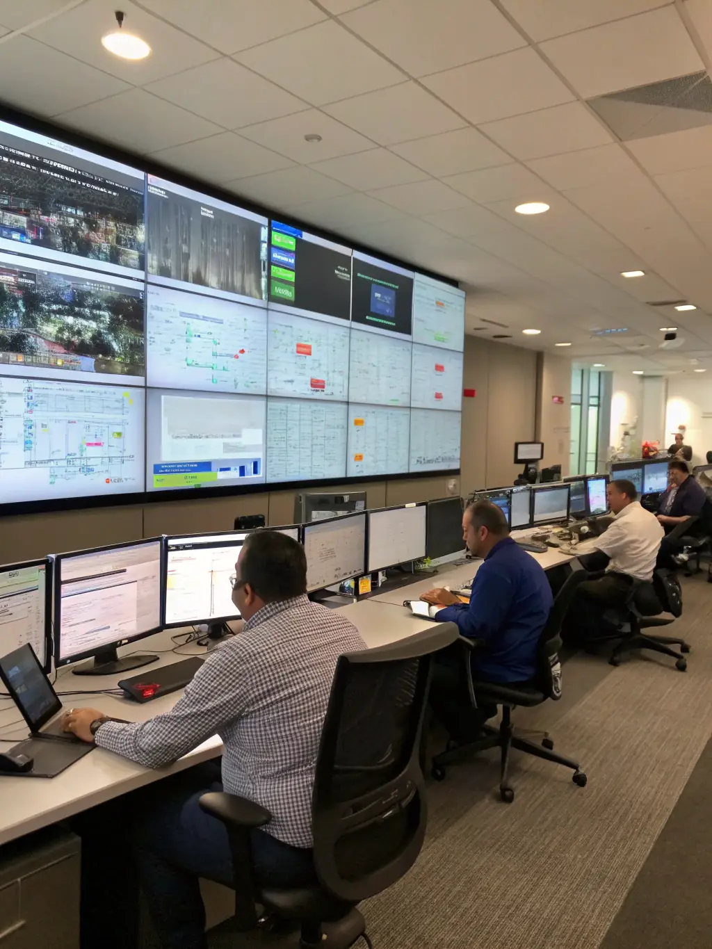 A high-angle shot of a modern logistics control center, showcasing real-time data dashboards and a team of professionals monitoring transportation routes and vehicle status.