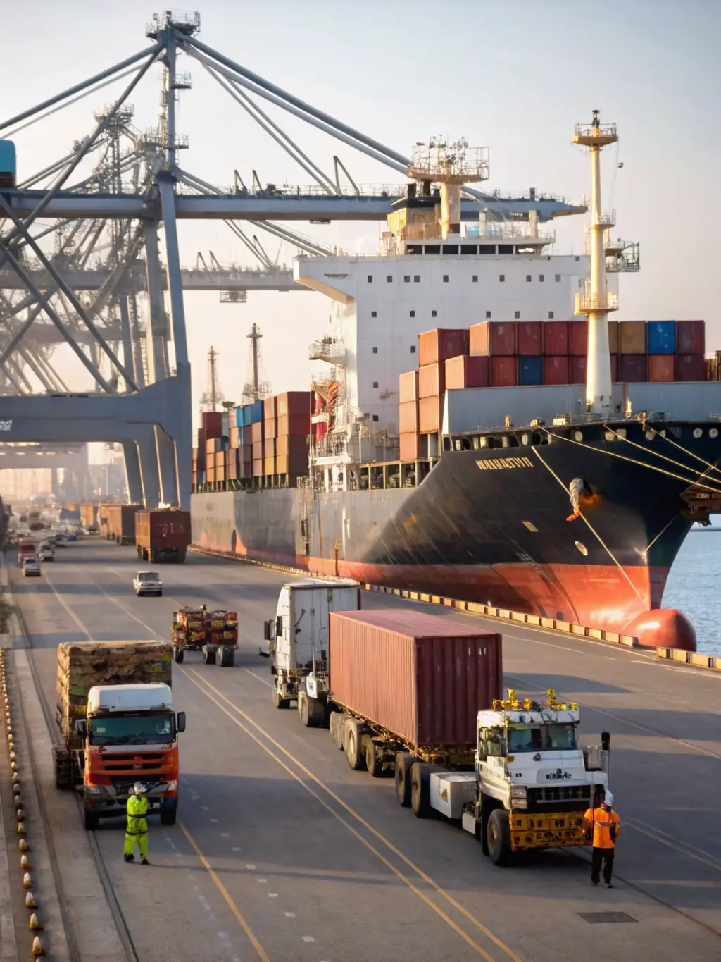An aerial view of a port with multiple cargo ships and containers, emphasizing the use of digital platforms for managing international shipping and customs clearance.