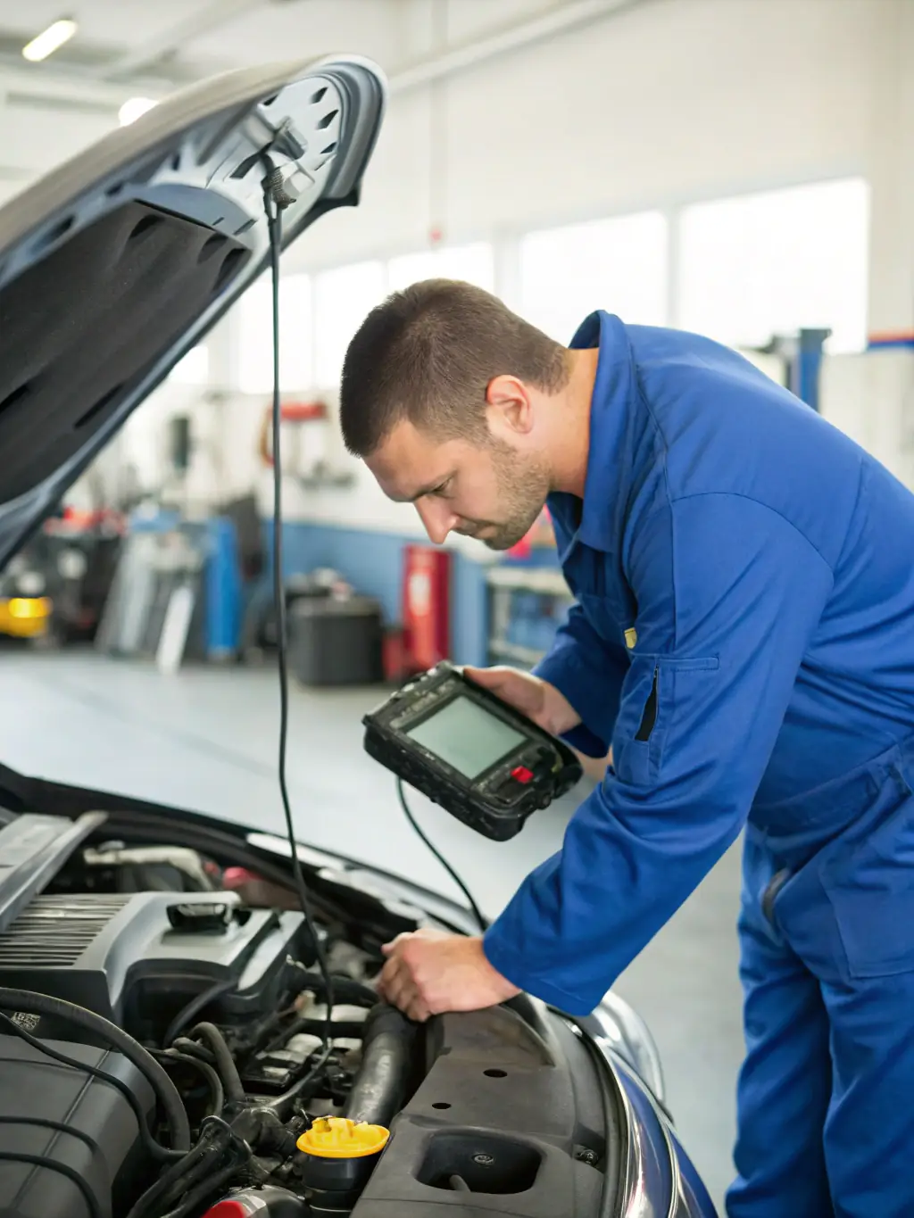 A close-up of a mobile app interface displaying vehicle diagnostics and maintenance schedules, with a mechanic in the background using a tablet.