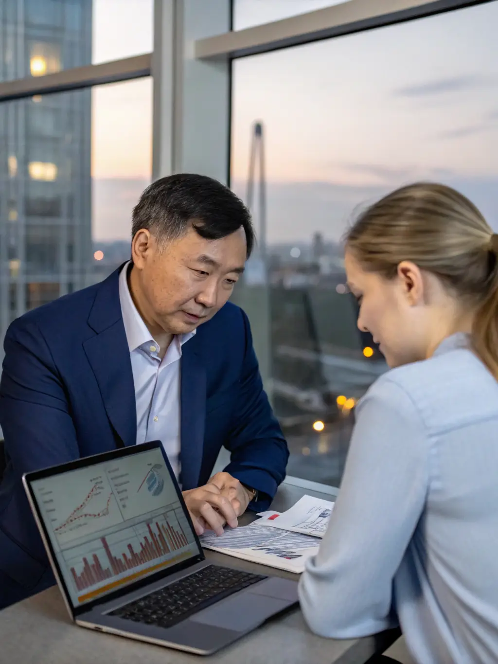 A professional photograph of a Bridgepoint Internacional logistics expert consulting with a client, discussing vehicle specifications and import/export requirements in a modern office setting.