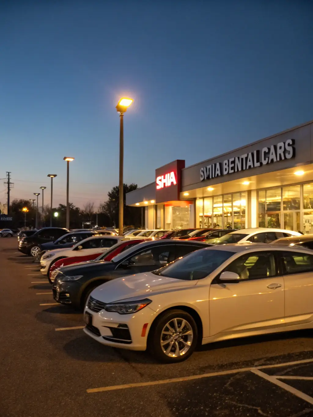 An image depicting a fleet of well-maintained rental vehicles, including cars, vans, and trucks, parked neatly in a designated rental area, ready for immediate use.