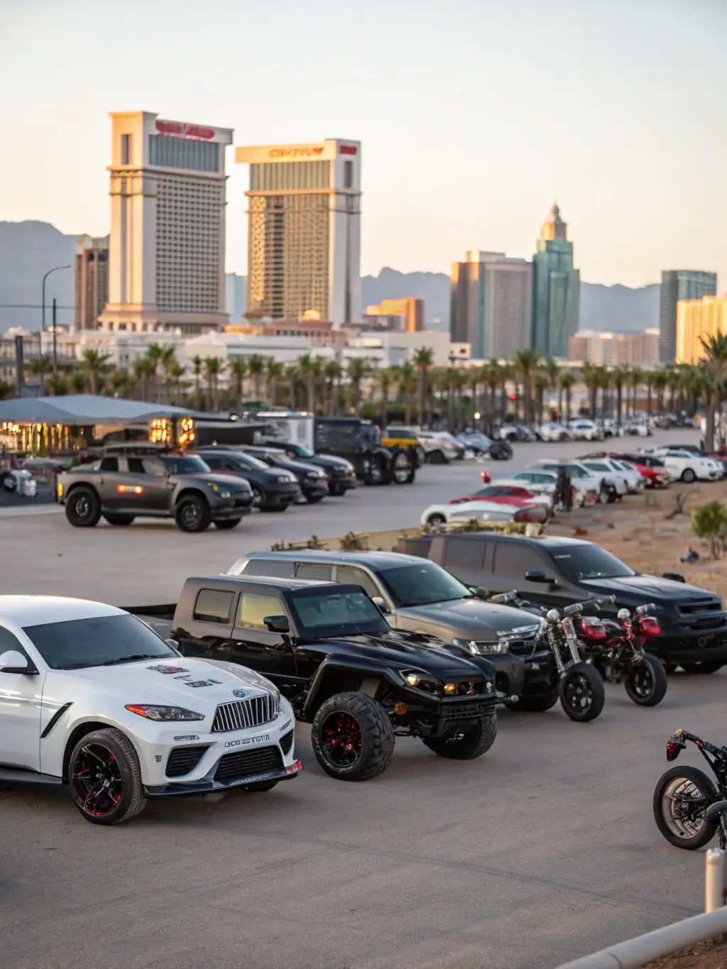 A high-quality photograph showcasing a diverse range of vehicles available for import/export, including luxury cars, commercial trucks, and specialized vehicles, set against a backdrop of a modern shipping port.