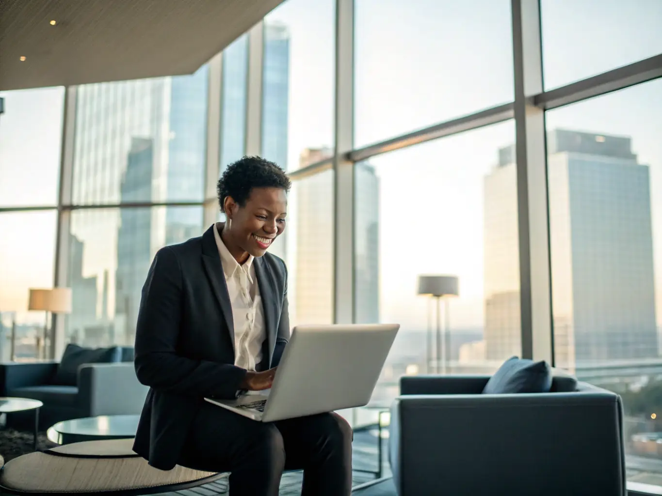 An image of a professional working on a laptop with digital graphs and icons overlaying the screen, symbolizing digital transformation.