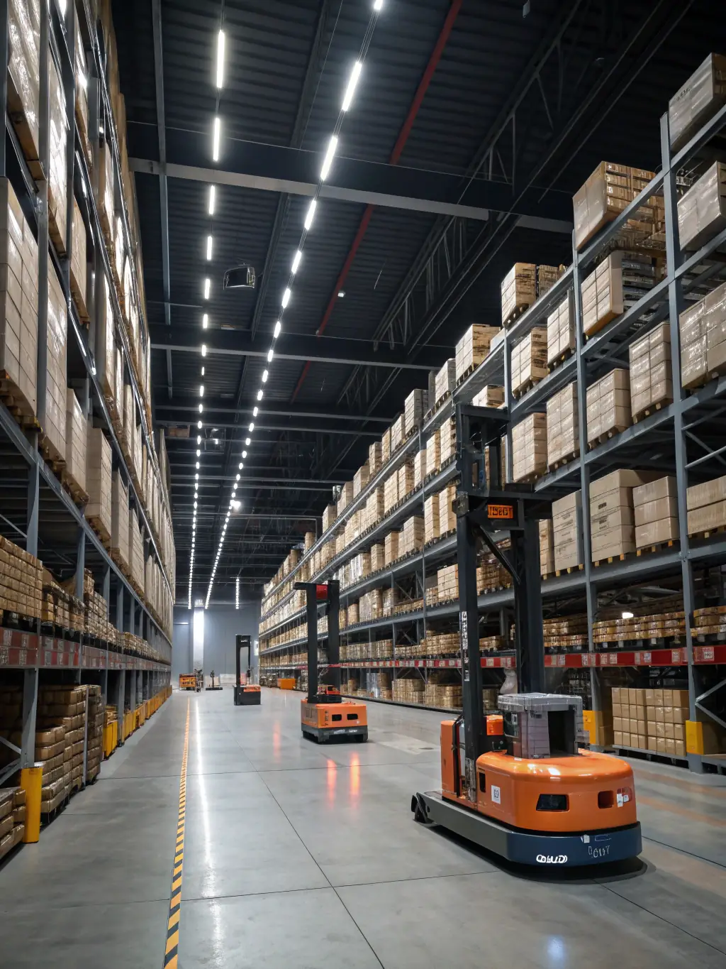 A wide shot of a warehouse with automated guided vehicles (AGVs) moving goods, highlighting the integration of e-commerce platforms with logistics operations.